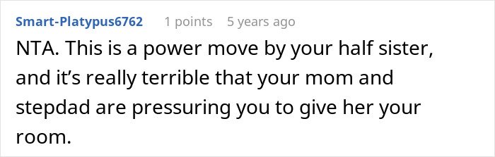 Screenshot of a Reddit comment discussing a teen accused of crushing half-sister’s dreams by refusing a Christmas request.