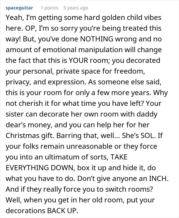 Comment discussing a teen accused of crushing half-sister’s Christmas dreams by refusing her wishes for her room.