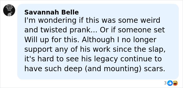 Facebook comment discussing public reaction to Will Smith accused of harassing and deliberately grooming a musician.