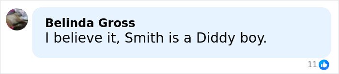 Comment from Belinda Gross stating belief in allegations against Will Smith, referencing accusations of harassment and grooming.
