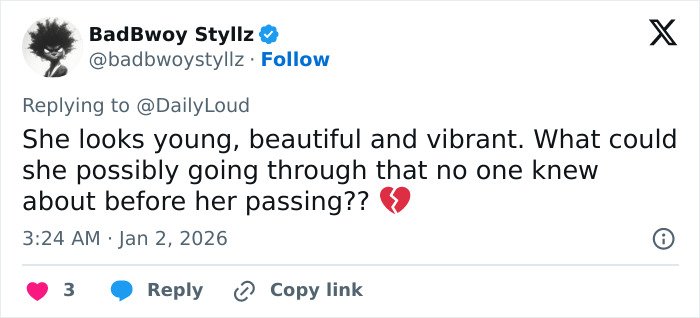 Tweet from BadBwoy Styllz expressing shock and sadness about Victoria&rsquo;s passing after Tommy Lee Jones&rsquo; joke about firing her resurfaces.