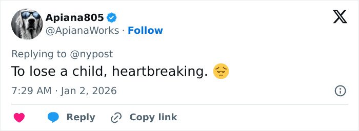 Tweet expressing heartbreak over the loss of a child, related to Tommy Lee Jones' daughter Victoria found in hotel.