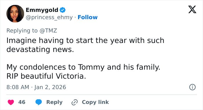 Tweet expressing condolences to Tommy Lee Jones and family after news of daughter Victoria's body found in hotel.