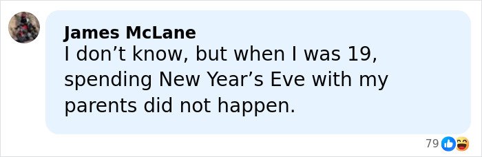 Facebook comment by James McLane discussing not spending New Year’s Eve with parents at age 19, related to Mar-a-Lago rules.