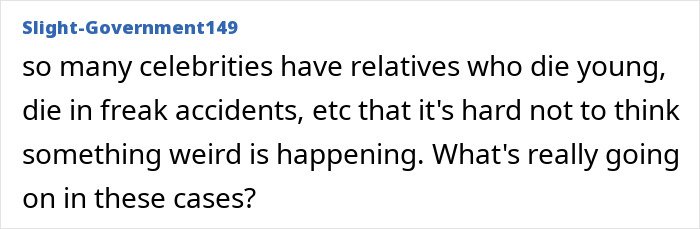 User comment discussing the mystery surrounding celebrity deaths and unusual circumstances involving Tommy Lee Jones&rsquo; daughter Victoria.