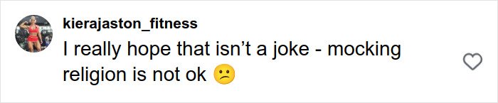 Comment on social media by user kierajaston_fitness expressing concern about mocking religion, related to adult star viral baptism video.