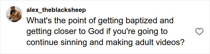 Alt text: Comment criticizing adult star who went viral for 1000 men in 12 hours challenge about baptism and sinning in adult videos.