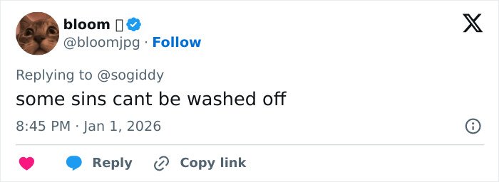 Tweet from user bloom replying to sogiddy with the text some sins cant be washed off referencing adult star viral challenge.