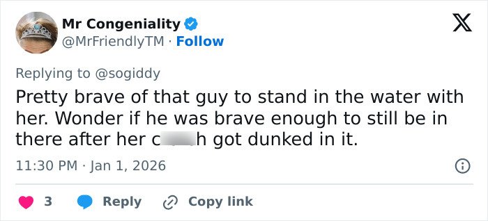 Tweet screenshot showing a comment about bravery during a baptism, relating to an adult star who went viral.