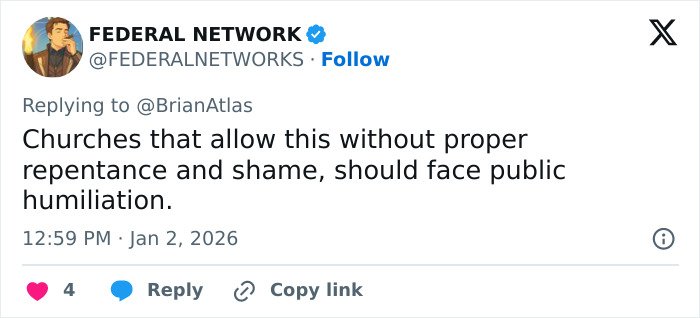 Tweet by Federal Network discussing public humiliation for churches lacking proper repentance after baptism video involving adult star who went viral for 1000 men challenge.