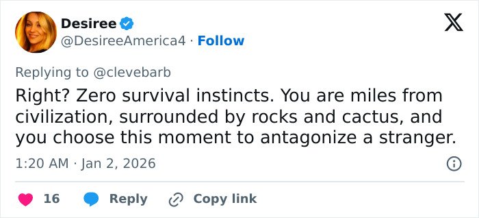 Tweet from Desiree reacting to the viral Red Rock Canyon incident involving the first Karen of 2026 blocking a tourist’s shot.