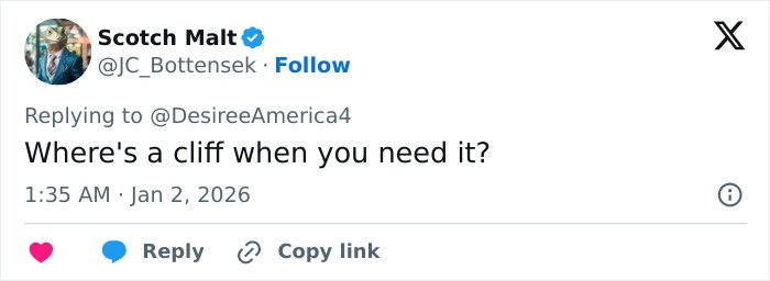 Tweet from user Scotch Malt commenting on needing a cliff, related to first Karen of 2026 Red Rock Canyon viral incident.