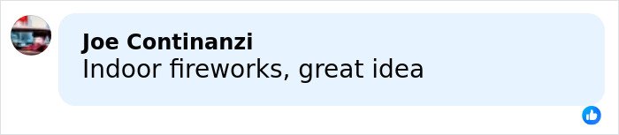 Comment by Joe Continanzi reading Indoor fireworks, great idea in a Facebook-style message bubble criticizing possible negligence in Swiss ski bar fire.