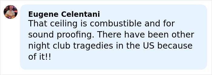 Comment discussing combustible ceiling materials linked to negligence in lethal Swiss ski bar fire safety concerns.