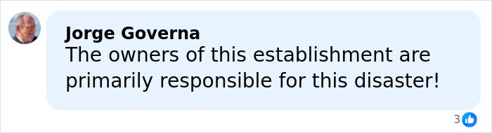 Comment criticizing owners, blaming them for negligence in lethal Swiss ski bar fire disaster on social media platform.