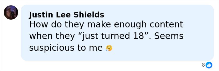 Comment by Justin Lee Shields questioning content creation timing for teen influencer’s app debut raising concerns online.