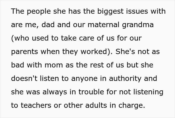 Text excerpt about a teen facing issues with a violent sister who disrespects authority and causes family tension.