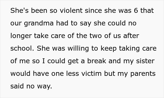 Text describing teen living in fear of his violent sister while parents refuse to believe his feelings or take action.