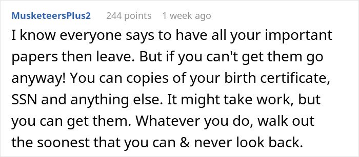 Commenter advising teens to secure important documents and leave an a*****e home for safety and peace of mind.