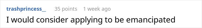 Screenshot of an online forum post where a user comments about considering emancipation due to fear of a violent sister.