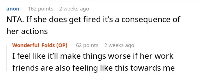 Screenshot of a social media conversation discussing consequences after a woman puts coworker on blast.