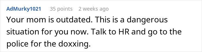 Online comment advising to contact HR and police after coworker is put on blast on social media and faces job consequences.