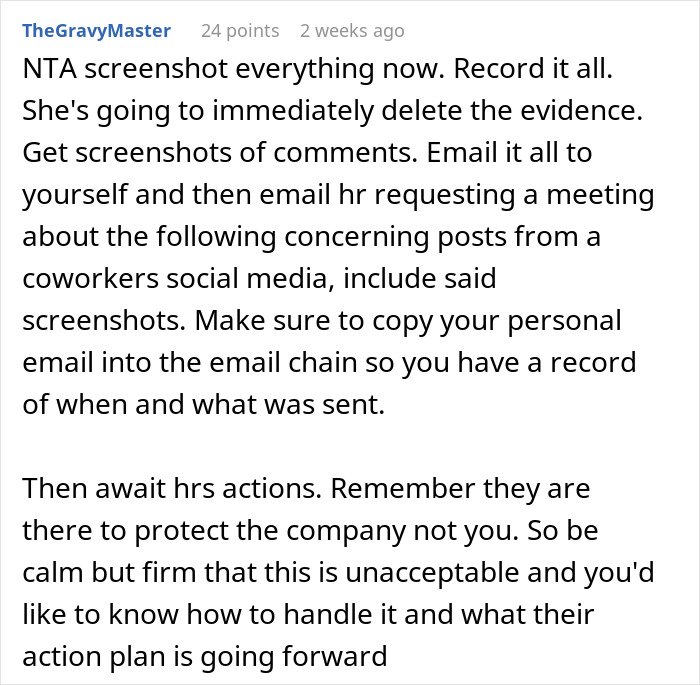 Comment advising to document and report concerning posts on coworker social media before HR meeting and actions.