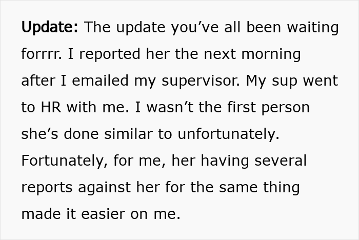 Text update about coworker reports to HR leading to consequences, highlighting woman puts coworker on blast on social media.