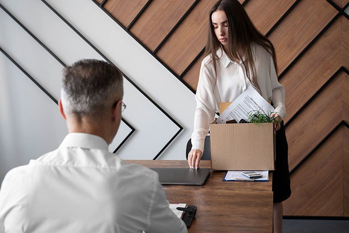 Woman packs belongings after being fired, upset coworker on blast on social media in a modern office setting.