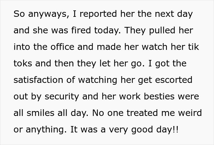 Text screenshot describing a woman putting a coworker on blast on social media and the coworker getting fired afterward.
