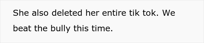 Text on a plain white background stating that she deleted her entire TikTok after standing up to a bully.