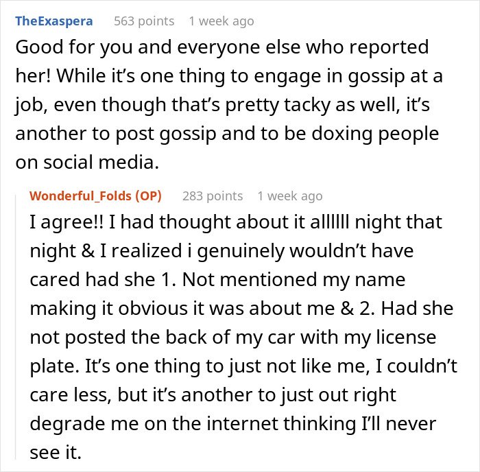 Online comments discussing a woman putting coworker on blast on social media and facing consequences for doxing.