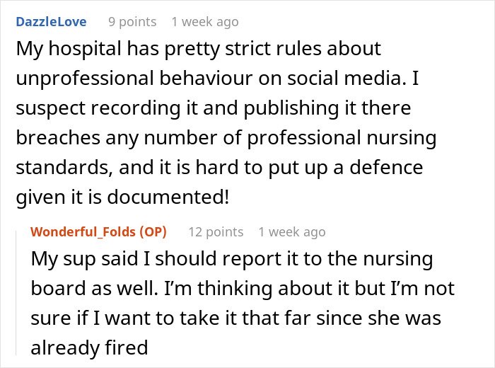 Text exchange discussing hospital rules on unprofessional social media behavior and consequences after coworker was fired.