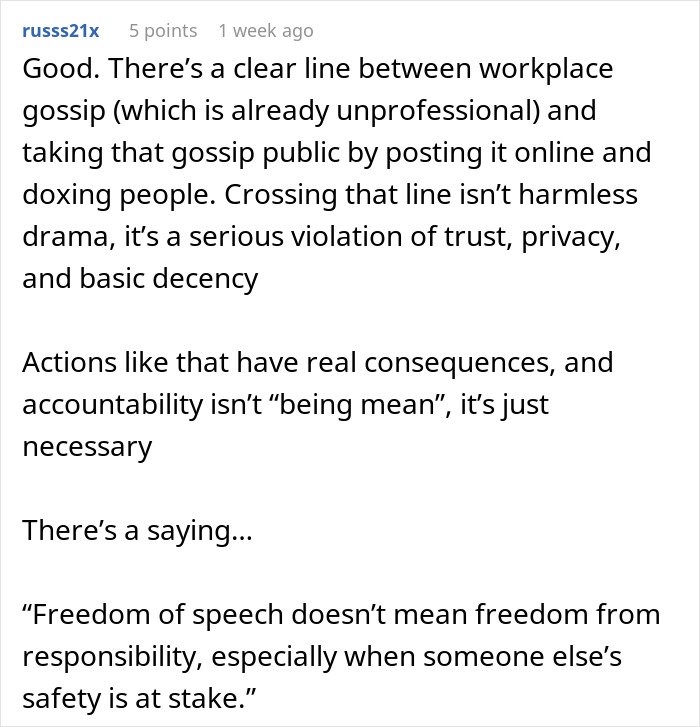 Comment discussing workplace gossip, social media consequences, and accountability related to coworker conflicts and privacy violations.