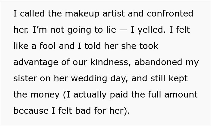 Text excerpt describing a makeup artist who pretends to be sick and abandons a bride on her wedding day for easy money.