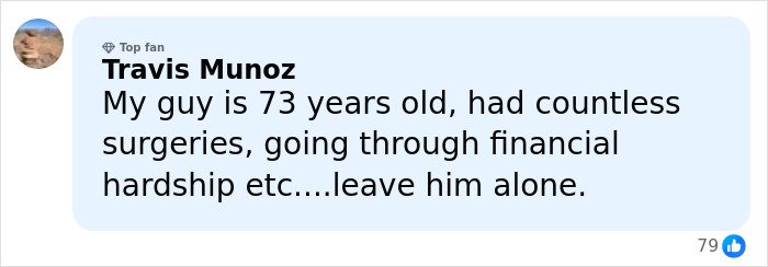 Commenter Travis Munoz defending unrecognizable Mickey Rourke amid LA home eviction over unpaid rent.