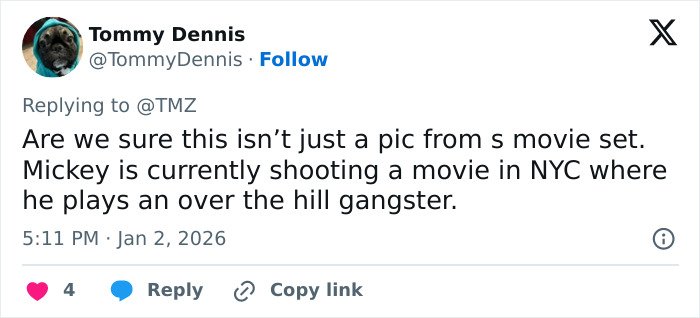 Tweet from user Tommy Dennis questioning if unrecognizable Mickey Rourke faces eviction over unpaid rent in LA home.