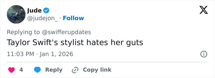 Screenshot of a tweet criticizing Taylor Swift&rsquo;s look at a friend&rsquo;s wedding, sparking fan scrutiny about upstaging the bride.