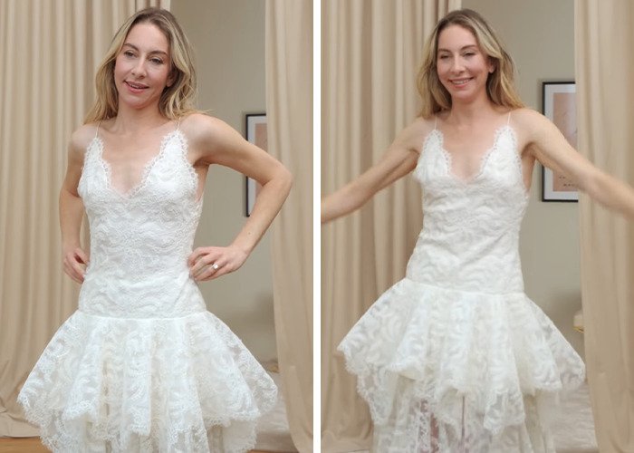 Woman in a white lace dress resembling a wedding gown, reflecting on Taylor Swift's look scrutinized by fans at a friend's wedding.