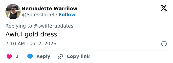 Tweet by Bernadette Warrilow criticizing Taylor Swift's wedding guest outfit amid trying to upstage the bride discussion.