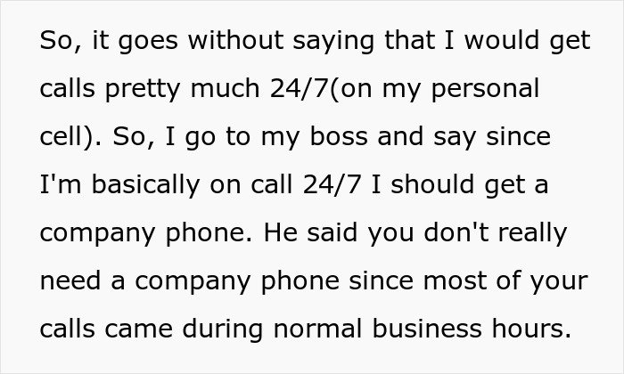 Text excerpt showing a conversation about being on call 24/7 and requesting a company phone for work outside office hours.