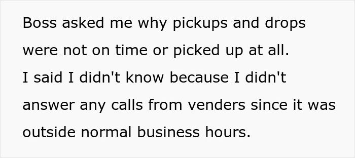 Text image describing a boss calling HR to complain about an employee not working outside office hours, making a fool of himself.