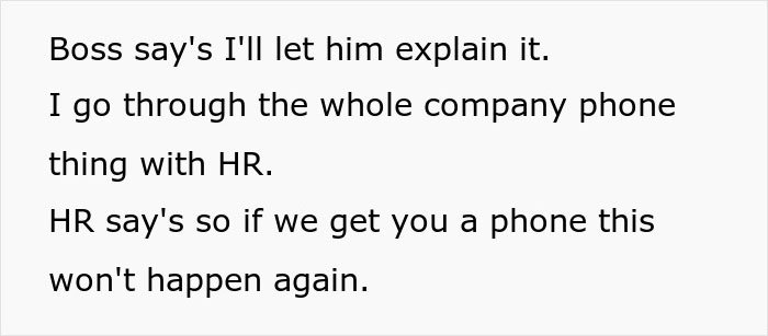 Text excerpt from a conversation where a boss calls HR to complain about employee work outside office hours.