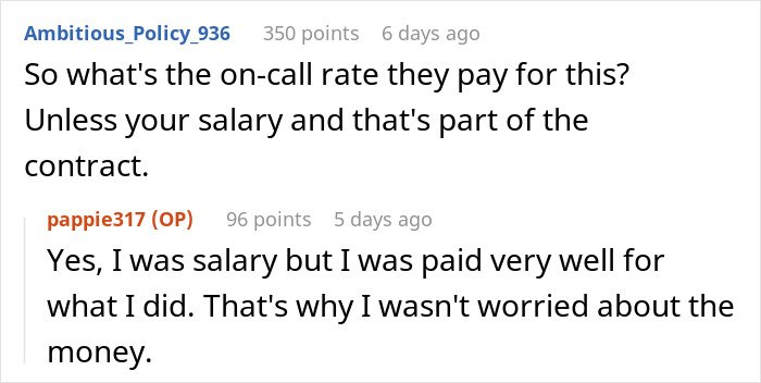 Screenshot of an online discussion where a user talks about salary and on-call work outside office hours.