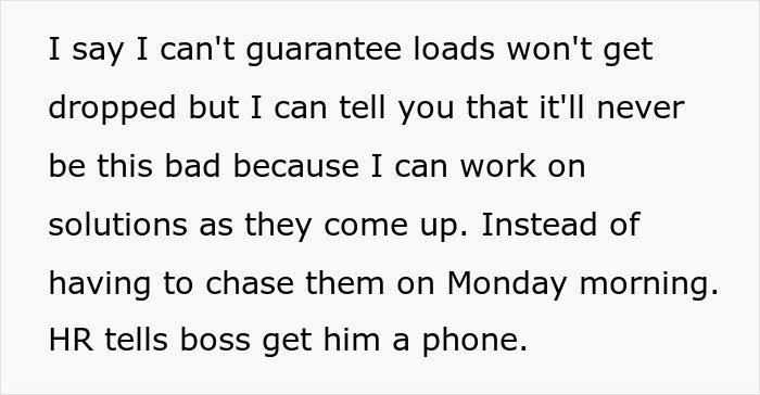 Text excerpt showing a boss calling HR to complain about an employee not working outside office hours.