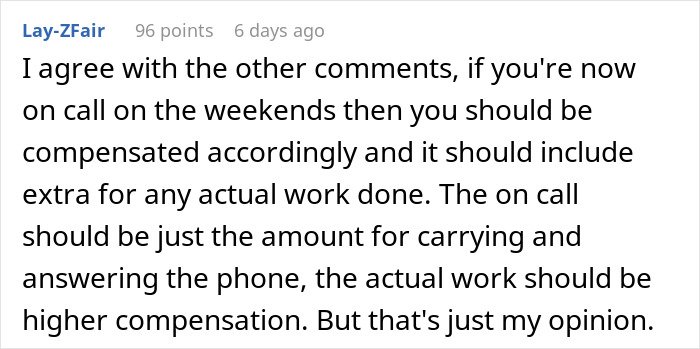 Screenshot of a Reddit comment discussing employee compensation for working outside office hours and on-call expectations.
