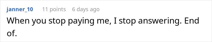 Screenshot of a forum comment where a user states they stop responding when not paid, related to office hours complaint.