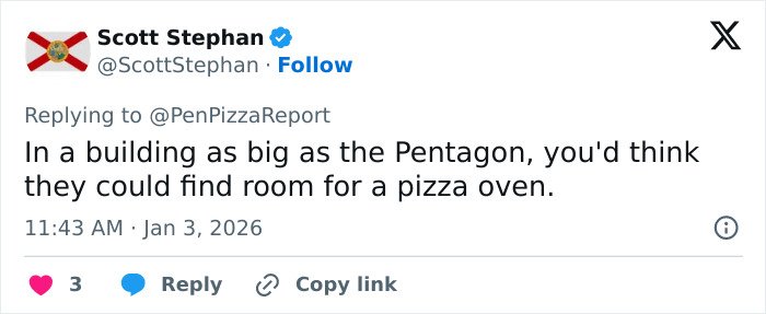 Tweet from Scott Stephan about Pentagon pizza spike during Venezuela attack highlighting unusual pizza oven reference.