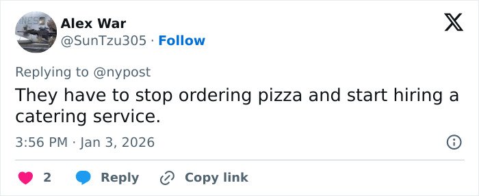Screenshot of a social media post commenting on Pentagon pizza orders during a Venezuela attack, linking to bizarre theory.