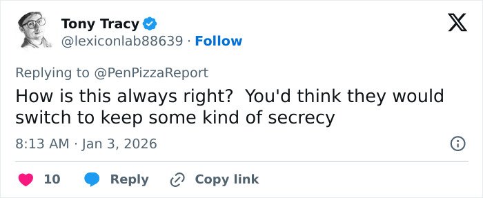 Screenshot of a social media post discussing the Pentagon pizza spike theory during the Venezuela attack event.